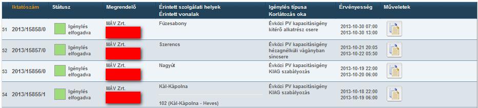 Az igénylések lekérdezése: A lekérdezés eredménye a