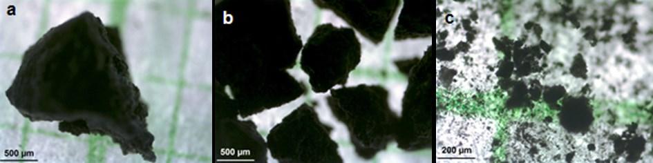 Elvégeztük a különböző szemcseméretű (>1 mm, 0,5 1 mm, <0,5 mm) Allende meteorit porminták (3. ábra) DRIFTs elemzését (4. ábra), hogy a minta szemcseméretének a színképre való hatását vizsgáljuk.
