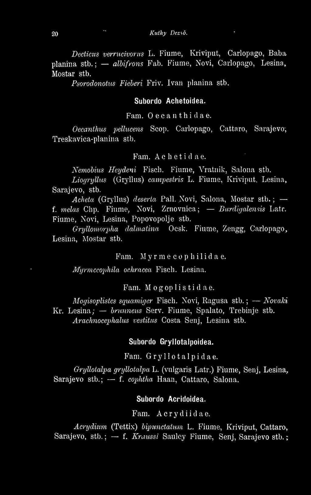 Liogrylhis (Grjdlus) campestris L, Fiume, Kriviput. Lesina^ Sarajevo, stb. Acheta (Gryllus) deserta Pali. Növi, Salona, f. melas Chp. Fiume, Növi, Zrnovnica Bardujcdenús Latr.