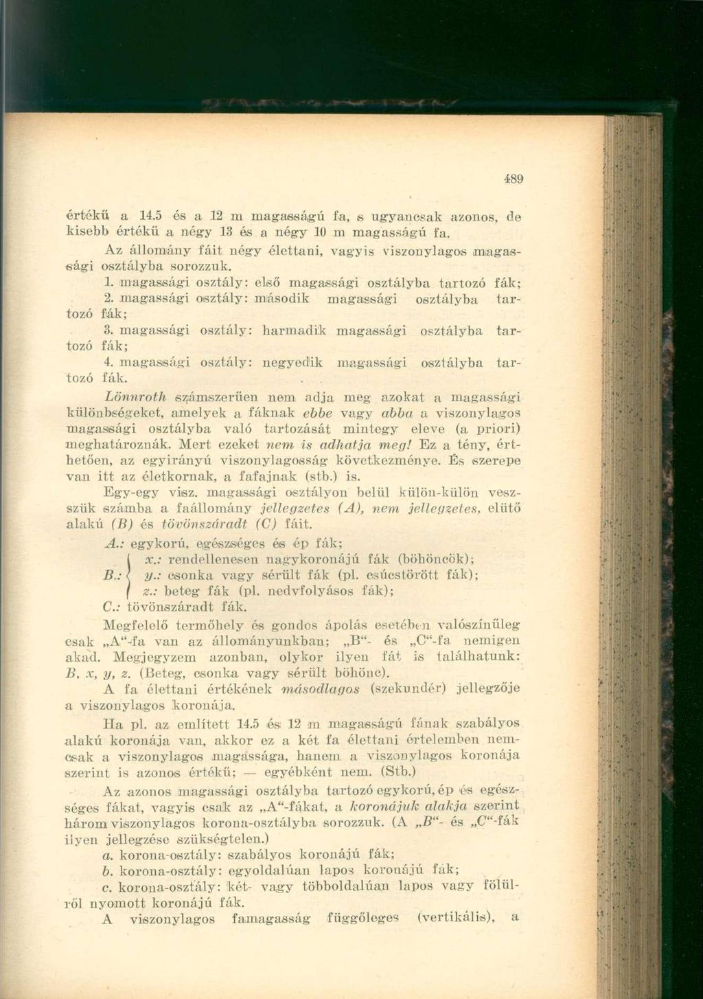 értékű a 14.5 és a 12 m magasságú fa, s ugyancsak azonos, de kisebb értékű a négy 13 és a négy 10 m magasságú fa. Az állomány fáit négy élettani, vagyis viszonylagos magassági osztályba sorozzuk. 1. magassági osztály: első magassági osztályba ; 2.