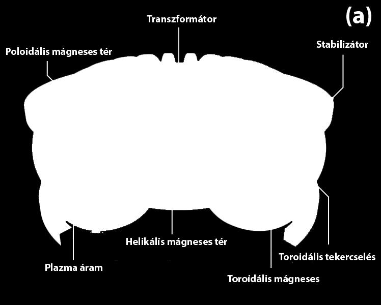 1. ábra mutatja, egy külső mágneses térrel (toroidális irányban) és egy a plazmában futtatott áram által keltett térrel (poloidális irányban) oldjuk meg.