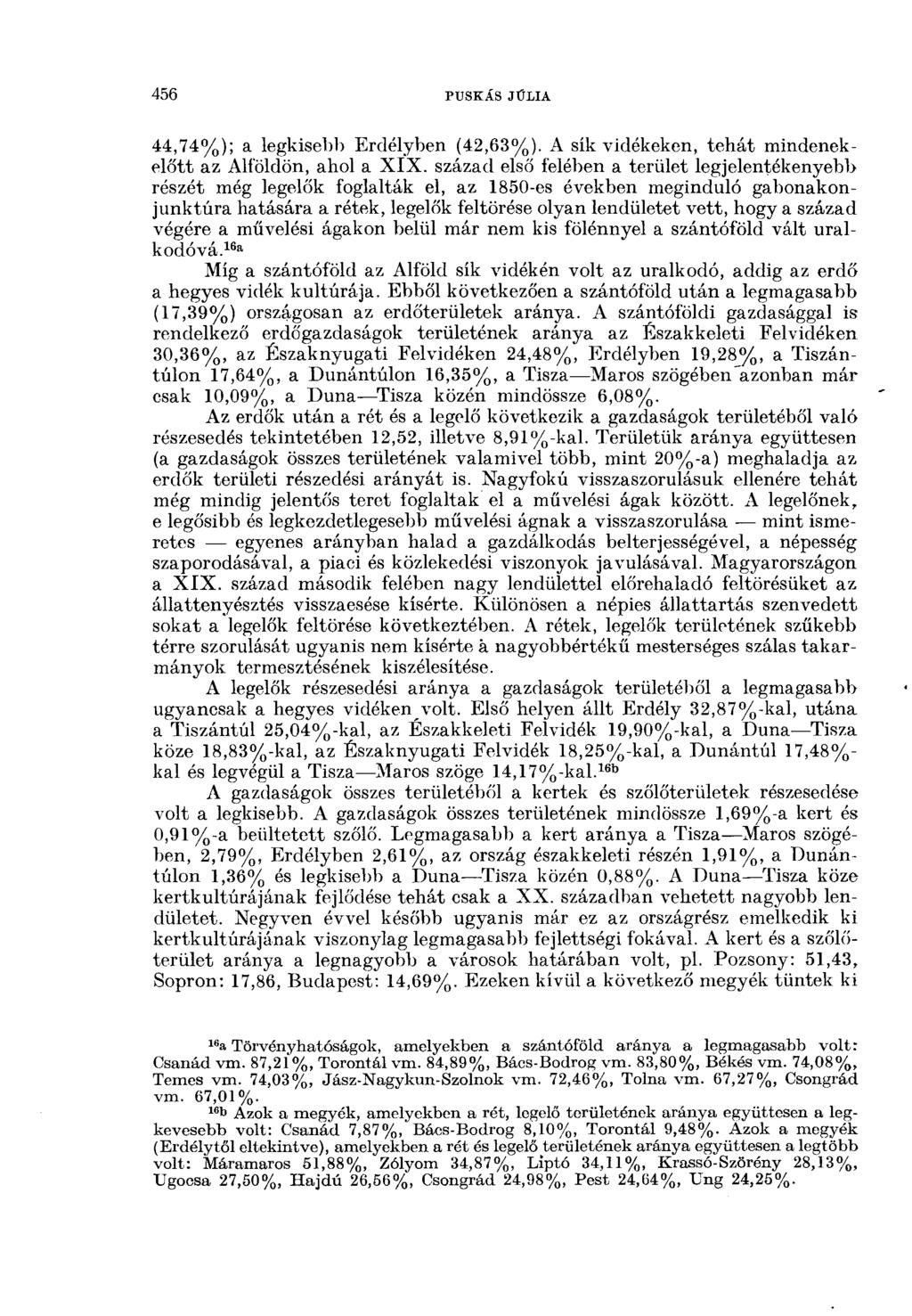 456 PUSKÁS JÚLIA 44,74%); a legkisebb Erdélyben (42,63%). A síkvidékeken, tehát mindenekelőtt az Alföldön, ahol a XIX.