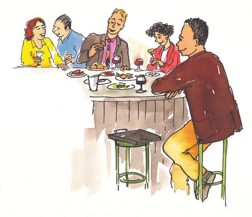 19a Estamos comiendo demasiado! Müller úr, Antonio és Teresa éppen az étterem bárjának pultjánál ülnek; csipegetnek valamit, amíg Maríára várnak. Camarero: Qué les pongo? Teresa y Sí! Vale!