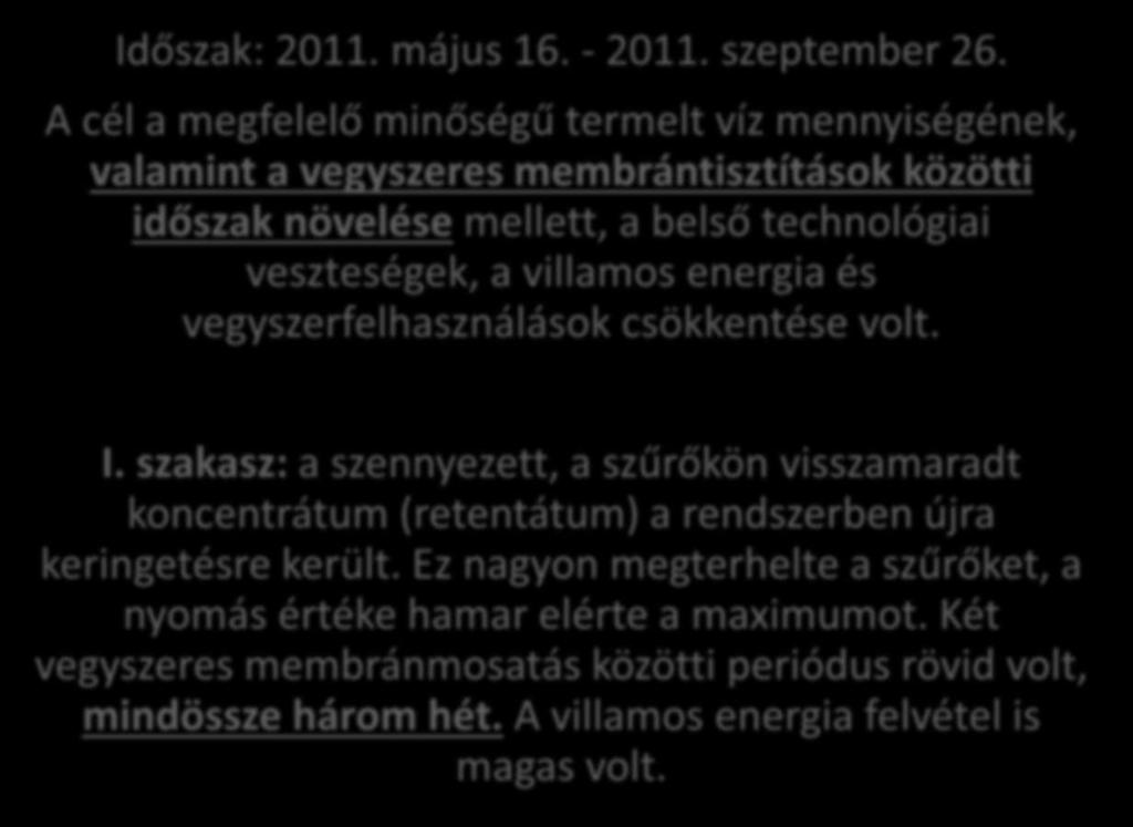 Regenerálás a próbaüzem után Időszak: 2011. május 16. - 2011. szeptember 26.