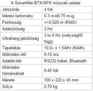 biztosít; mélységadatokat másodpercenként 2x, Bluetooth