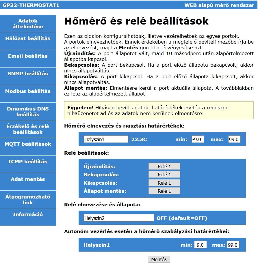 Érzékelők, szenzorok és riasztási beállítások A GP32-Thermostat1 eszköz Érzékelők oldalának képe A Gipen eszközök, konfigurációtól függően több szenzor egyidejű kezelésére alkalmasak.