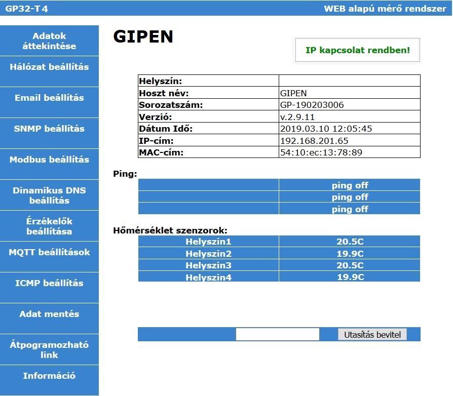 Adatok áttekintése GP32-T4 A GP32-T4 eszköz főoldalának képe négy