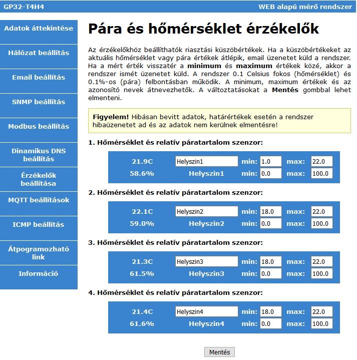 Érzékelők, szenzorok és riasztási beállítások A GP32-T4H4 eszköz Érzékelők oldalának képe FONTOS!