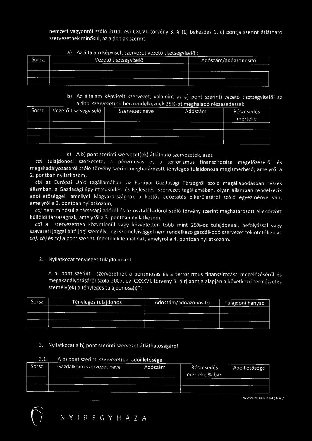 b) Az általam képviselt szervezet, valamint az a) pont szerinti vezető tisztségviselői az alábbi szervezet(ek)ben rendelkeznek 25%-ot meghaladó részesedéssel : Vezető tisztségviselő 1 Szervezet neve