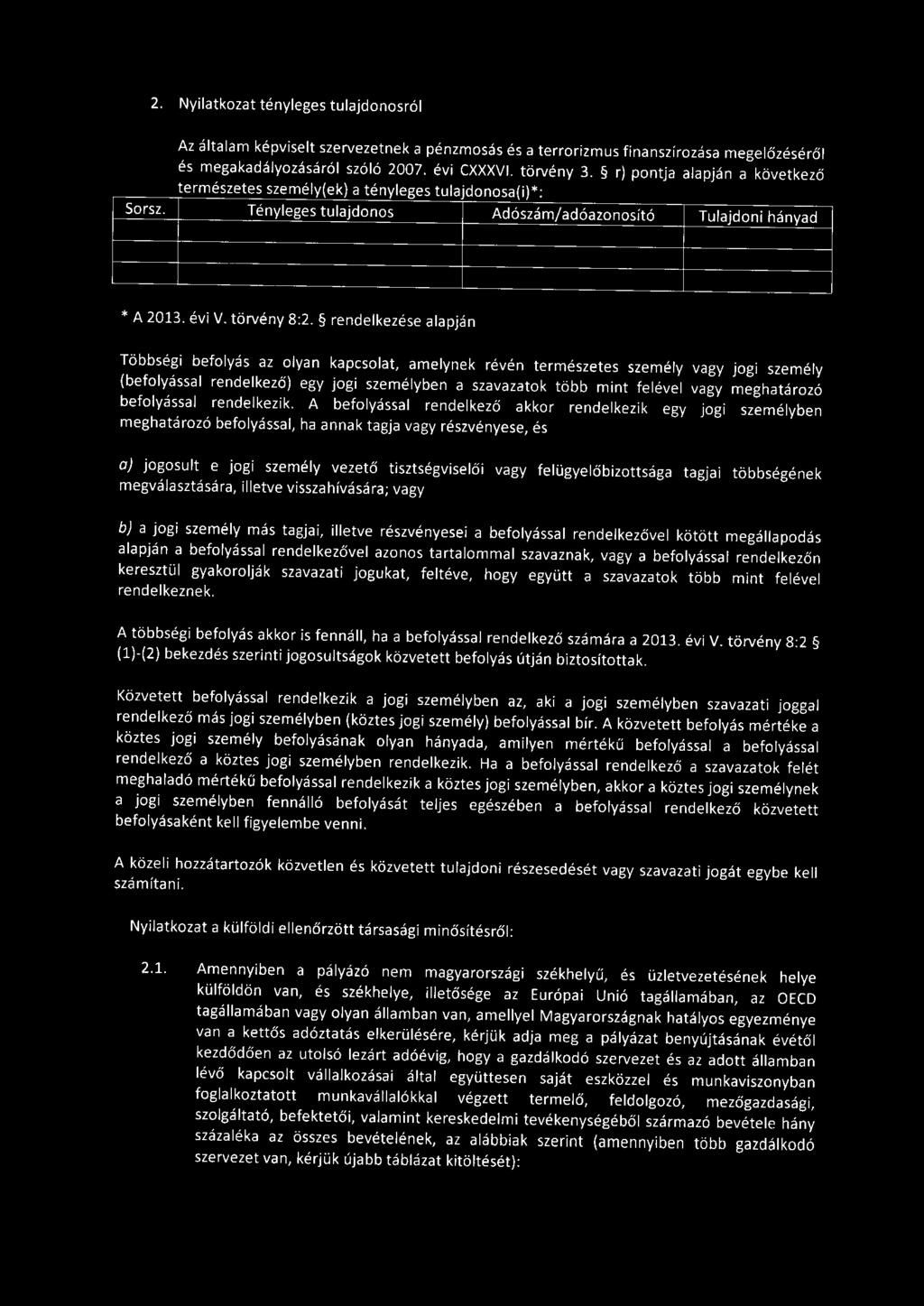 2. Nyilatkozat tényleges tulajdonosról Sorsz. Az általam képviselt szervezetnek a pénzmosás és a terrorizmus finanszírozása megelőzéséről és megakadályozásáról szóló 2007. évi CXXXVI. törvény 3.