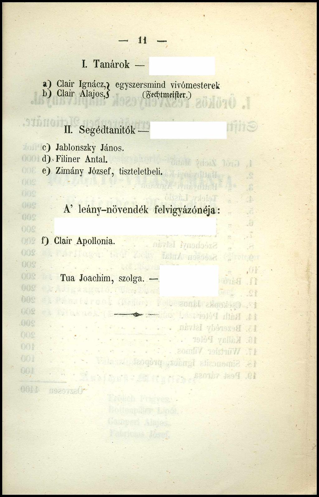 ii I. Tanárok a) Clair Ignácz,) egyszersmind vivómesterek b)