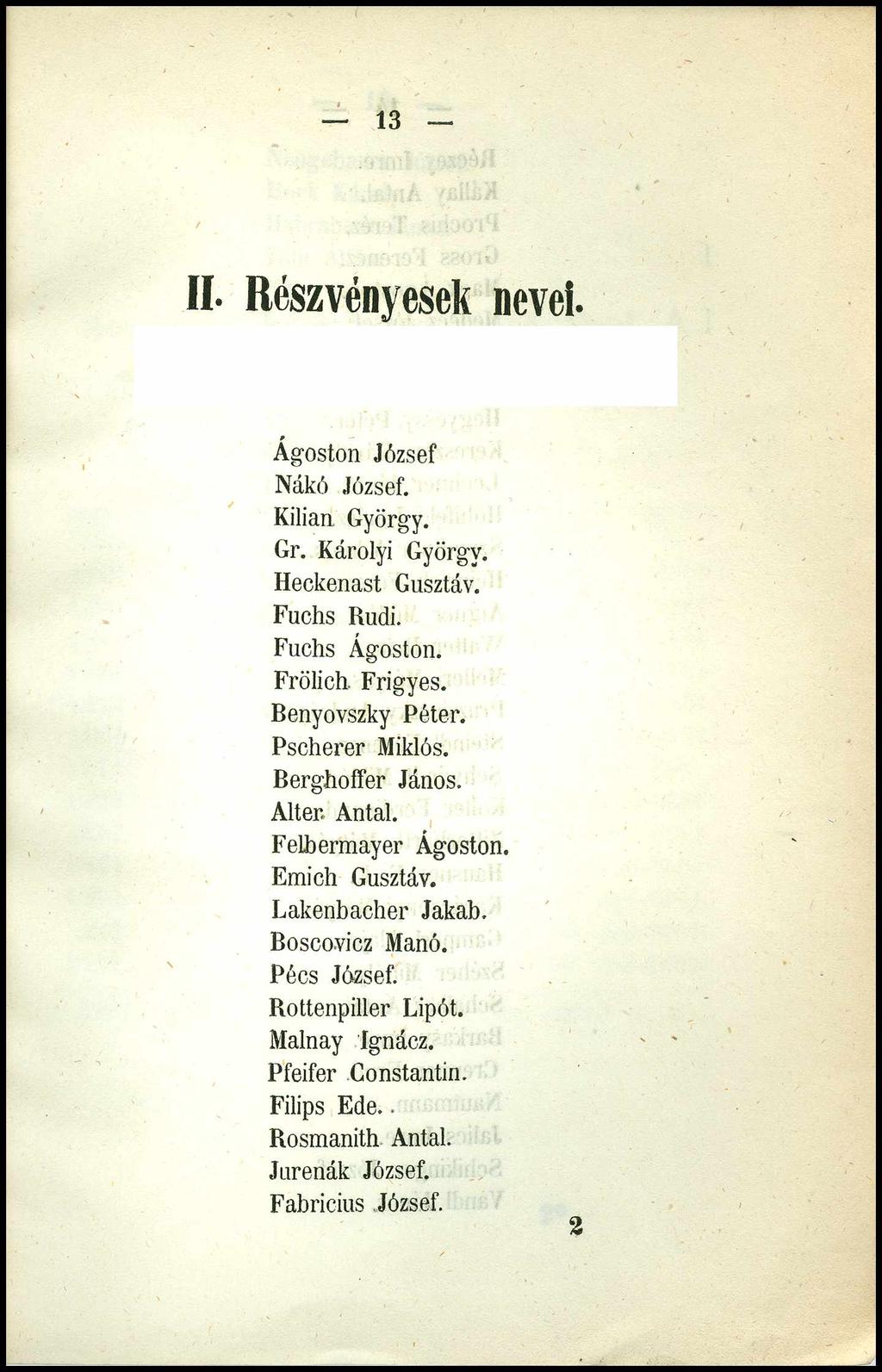 13 II Részvényesek nevei. Ágoston József Nákó József. Kilian György. Gr. Károlyi György.