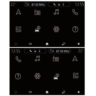 használati elvek (2/4) 1 Navigáció Rádió Zene Telefon Alkalmazások Infó Beállítások Súgó Telefon Zene Rádió Navigáció A kezdőoldalak bemutatása 1 A kezdőlapok a multimédia rendszer alapértelmezett