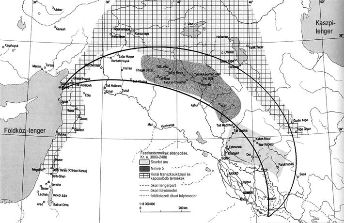 Tanulmányok 1. kép. Korai transzkaukázusi áru, Ninive 5 áru, skarlát áru és égetett zsírkő stílusú pecsétlők elterjedési térképe (Roaf 1990, 80 nyomán) kétszakaszos égetéssel nyerték el.