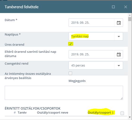 A tanév rendjében ezt a következőképpen lehet rögzíteni az első napot: 1. Nyilvántartás > Beállítások > Tanév rendje 2. +Új nyomógomb: o Dátum: 2019.09.25.
