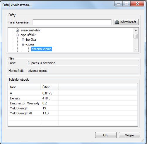 Egy új ablak ugrik fel, melyben a fafajok rendszertani listáját böngészheti. A lista több, mint 1500 fafajt tartalmaz.