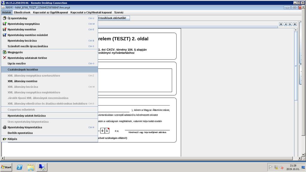Az Adatok Csatolmányok kezelése menüpontot