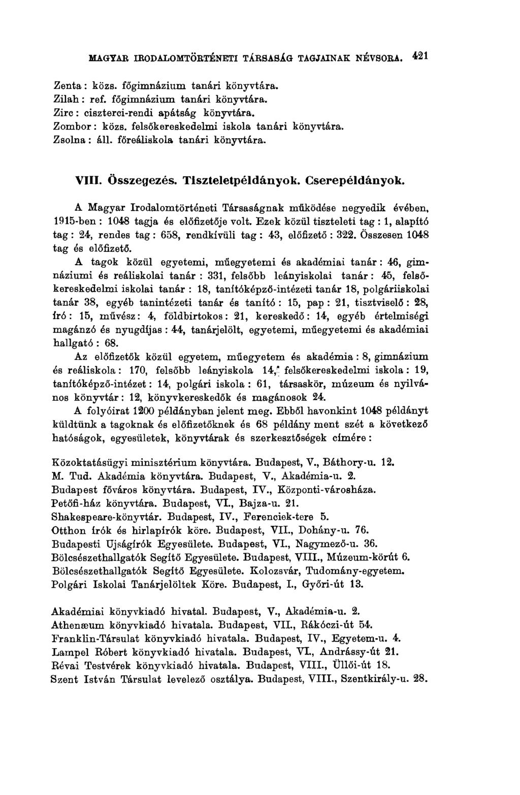 MAGTAB IBODALOMTÖETÉNETI TÁESASÁG TAGJAINAK NÉVSOBA. 421 Zenta : közs. főgimnázium tanári könyvtára. Zilah : ref. főgimnázium tanári könyvtára. Zirc : eiszterci-rendi apátság könyvtára. Zombor : közs.