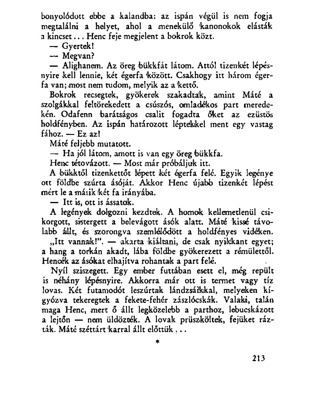 bonyolódott ebbe a -kalandba: az ispán végül is nem fogja megtalálni a helyet, ahol a menekülő 'kanonokok elásták a kincset... Henc feje megjelent a bokrok közt. Gyertek! Megvan? Alighanem.