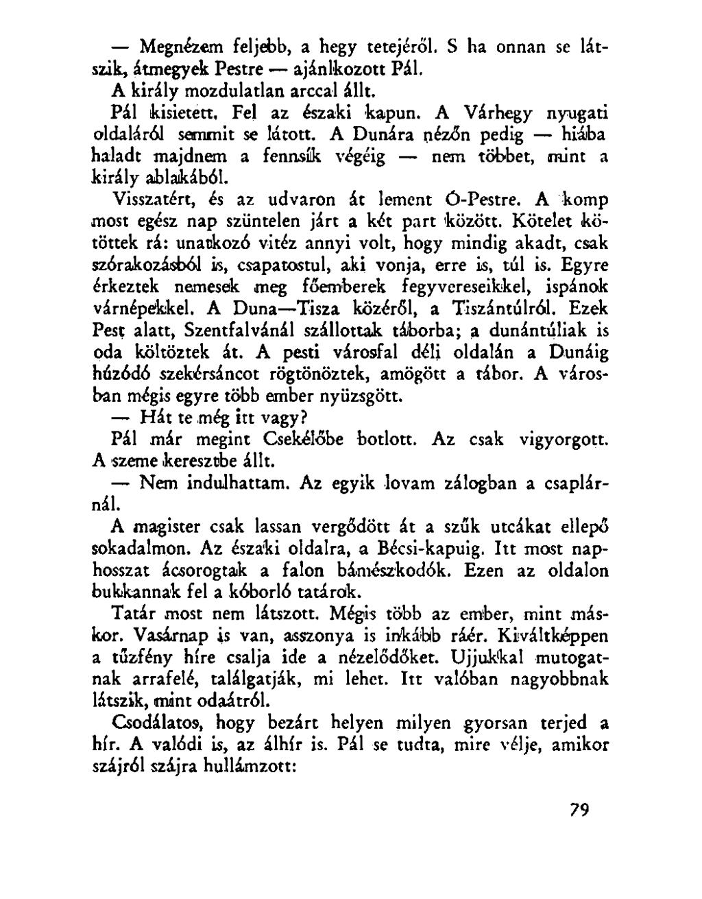 Megnézem feljebb, a hegy tetejéről. S ha onnan se látszik, átmegyek Pestre ajánlkozott Pál. A király mozdulatlan arccal állt. Pál kisietett. Fel az északi kapun.