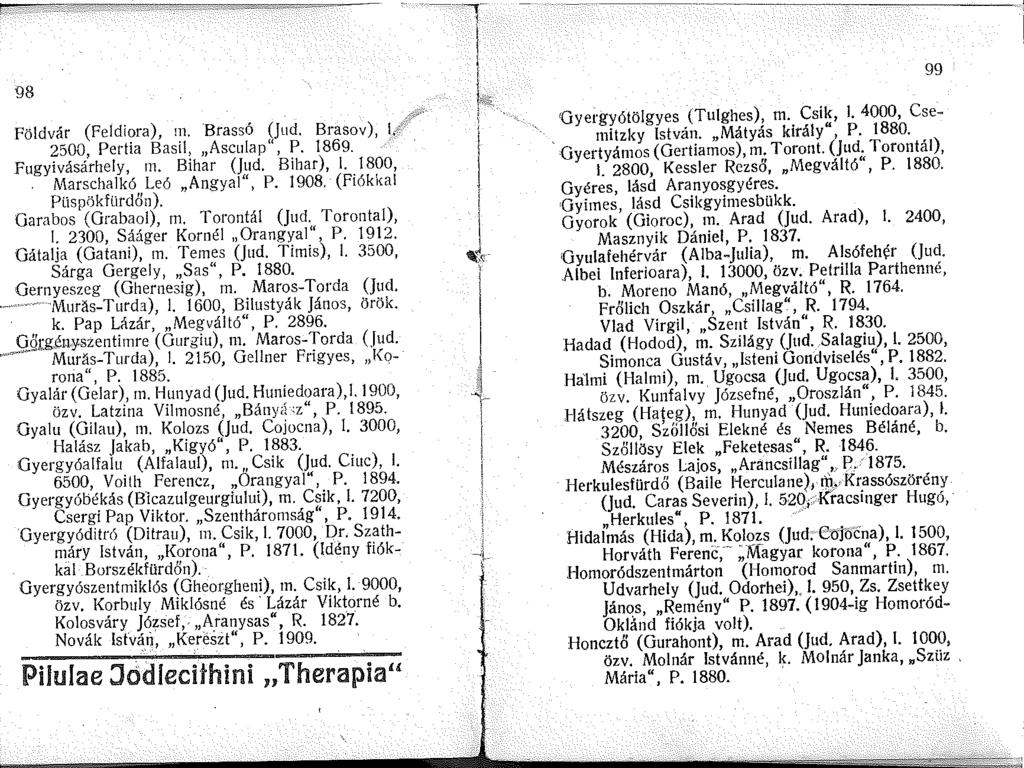 98 Földvár (Feldiora), m. Brassó (Jud. Brasov) 2500, Pertia Basil, Asculap", P. 869. ' Fugyivásárhely,. Bihar (Jud. Bihar),!. 800,. Marschalkó Leó Angyal", P. 908. (Fiókkal Plispökflirdőn ).