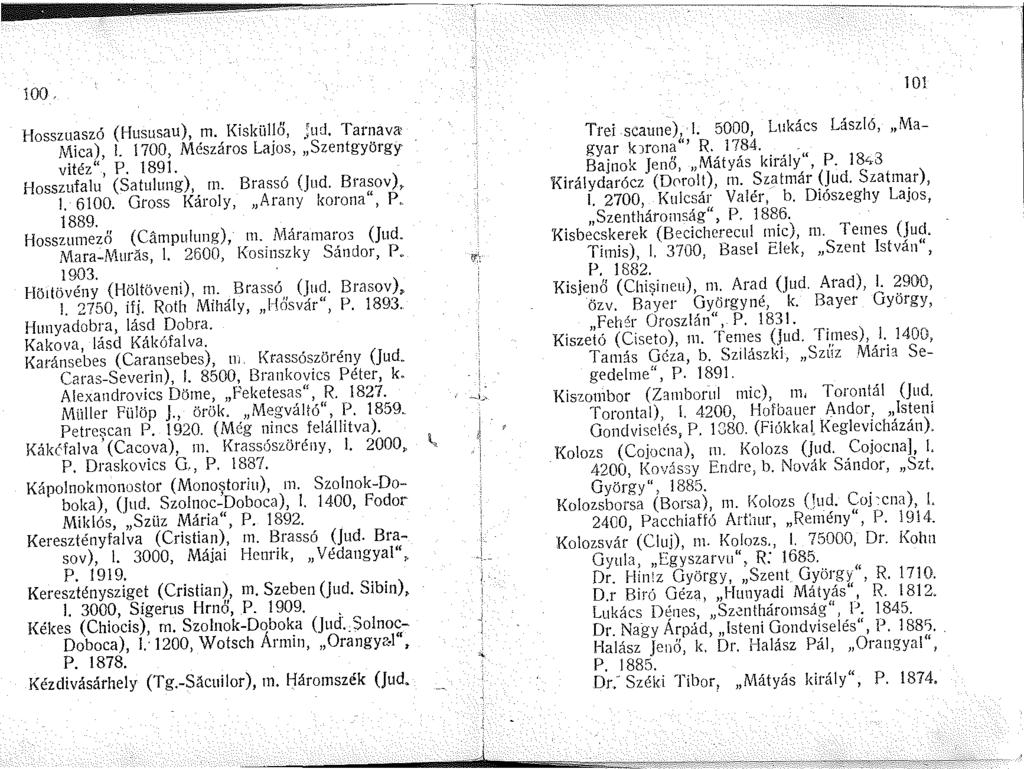 00. Hosszuaszó (Hususau), m. KiskülW, Jud. Tarnava Mica),. 700, Mészáros Lajos, Szentg-yörgy vitéz", P. 89. Hosszufalu (Satulung), m. Brassó (Jud. Brasov),. 600. Gross Károly, Arany korona", P. 889.