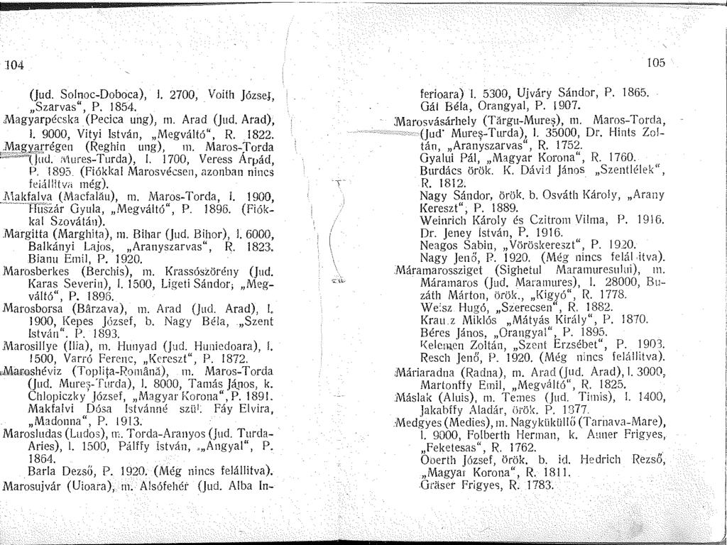 04 (Jud. Solnoc-Doboca), l. 2700, Voith JózseJ Szarvas", P. 854. ' Magyarpécska (Pecica ung), m. Arad (Jud. Arad),. 9000, Vityi István, Megváltó", R. 822. Y!aKl:'.fü;régen (Reghin ung),.