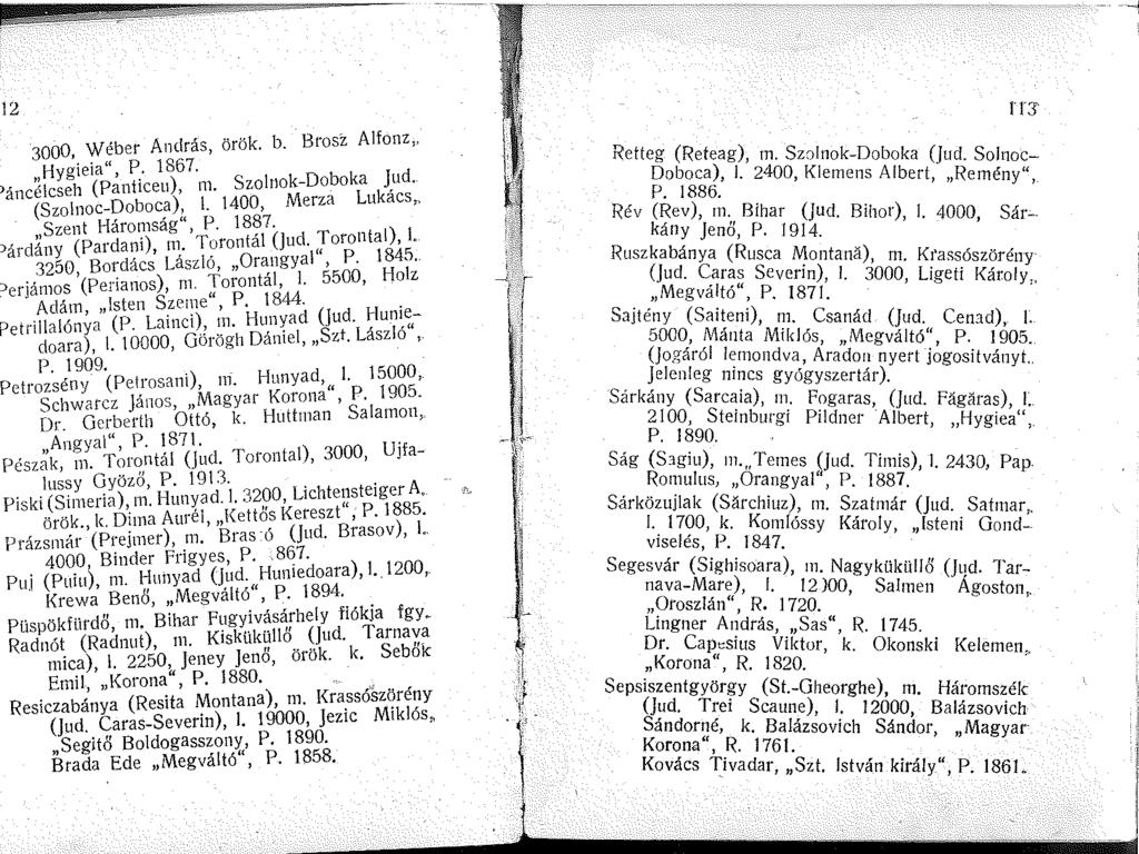2 --- -----. 3000, Wéber András, örök. b. Brosz Alfonz H.. " p 86 " ygea ' : ) 7 '. S lnok-doboka Jud. áncélcseh (Panttceu ' zo M Lukács (Szolnoc-Doboca), \. 400, erza " Szent Háro~iság" P. 8 ~?
