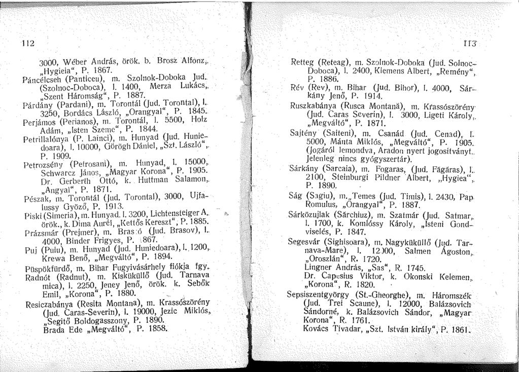 2 3000, Wéber András, örök. b. Brosz Alfonz,. Hygieia", P. 867. Páncélcseh (Panticeu), m. Szolnok-Doboka J.ud. (Szolnoc-Doboca),. 400, Merza Lukacs Szent Háromság", P. 887. Párdány (Pardani), m.