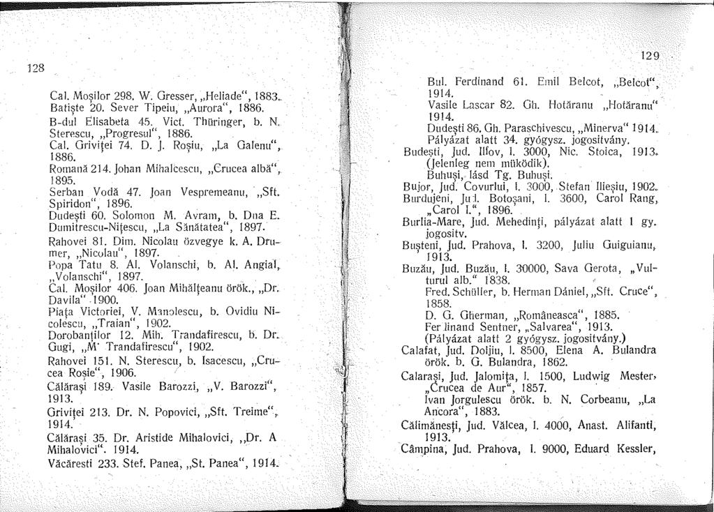 ! ± 28 Cal. Mosilor 298. W. Gresser, Heliade", 883_ Batiste 2o. Sever Tipeiu, Aurora", 886. B-d~I Elisabeta 45. Vict. Thüringer, b. N. Sterescu, Progresul", 886. Cal. Grivi\ei 74. D..J.