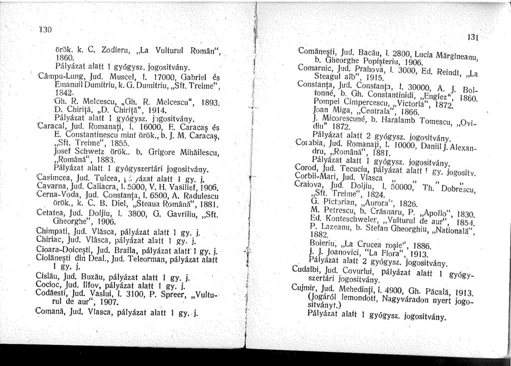 BO örök. k. C. Zodiern, La Vulturul Roman", 860. Pályázat alatt gyógysz. jogositvány. 'Cámpu-Lung, Jud. Muscel, l. 7000, Gabriel és Emanuil Dumitriu, k. G. Dumitriu, S!t. Treime", 842. Oh. R. Melcescu, Gh.