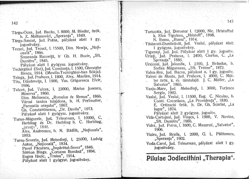 - - --.---.--,.~ '"-~'"""', J 42 Tárgu-Ocna, Jud. Bacáu,. 8000, M. Binder, örök. b. Z. Malhasovici, Speran\a", 849. Tárgu-Sascut, ]ud. Putna, pályázat alatt gy. jogosítvány.. Tecuci jud. Tecuci,.