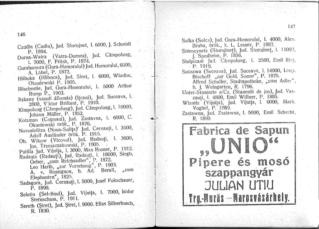 l 46 Cztidin (Cudin), Jud. Storojnet,. 6000, J. Schmidt P. 894. Dorna-Watra {Vatra-Dornea), Jud. Campolung, L 7000, F. Fritsb, P. 874. Ourahumora (Oura-Humorului) Jud. Humorului, 6000, A. Löbel, P.