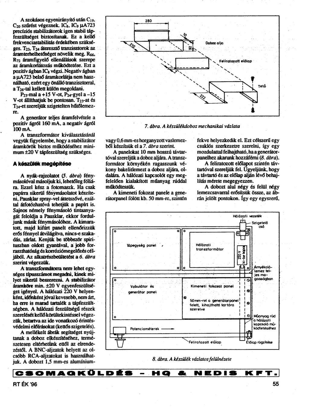 A szokásos egyenirányító után C19, C20 szűrést végeznek. ICs, IC9 µa723 precíziós stabilizátorok igen stabil tápfeszültséget biztosítanak. Ez a kell6 frekvenciastabilitú érdekében szükséges. T23.