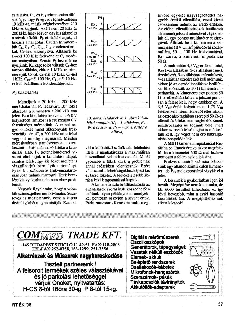 es állásba. P10 és P11 trimmereket állítsuk úgy, hogy P9 egyik véghelyzetében 19 khz-et, másik véghelyzetében 210 khz-et kapjunk.