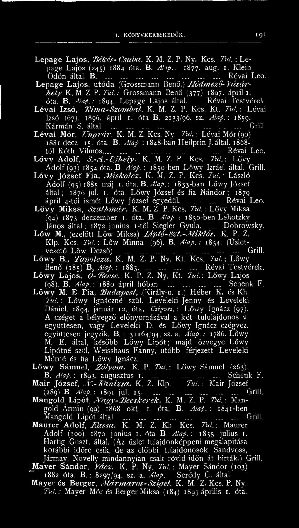 1896. ápril 1. óta B. 2133/96. sz. Alap. : 1859. Kármán S. által.......................... Grill Lévai Mór, tjn gi'ár. K. M. Z. Kcs. Ny. Túl. : Lévai Mór (90) t88i decz 15. óta. B. Alap : 1848-ban Heilprin J.