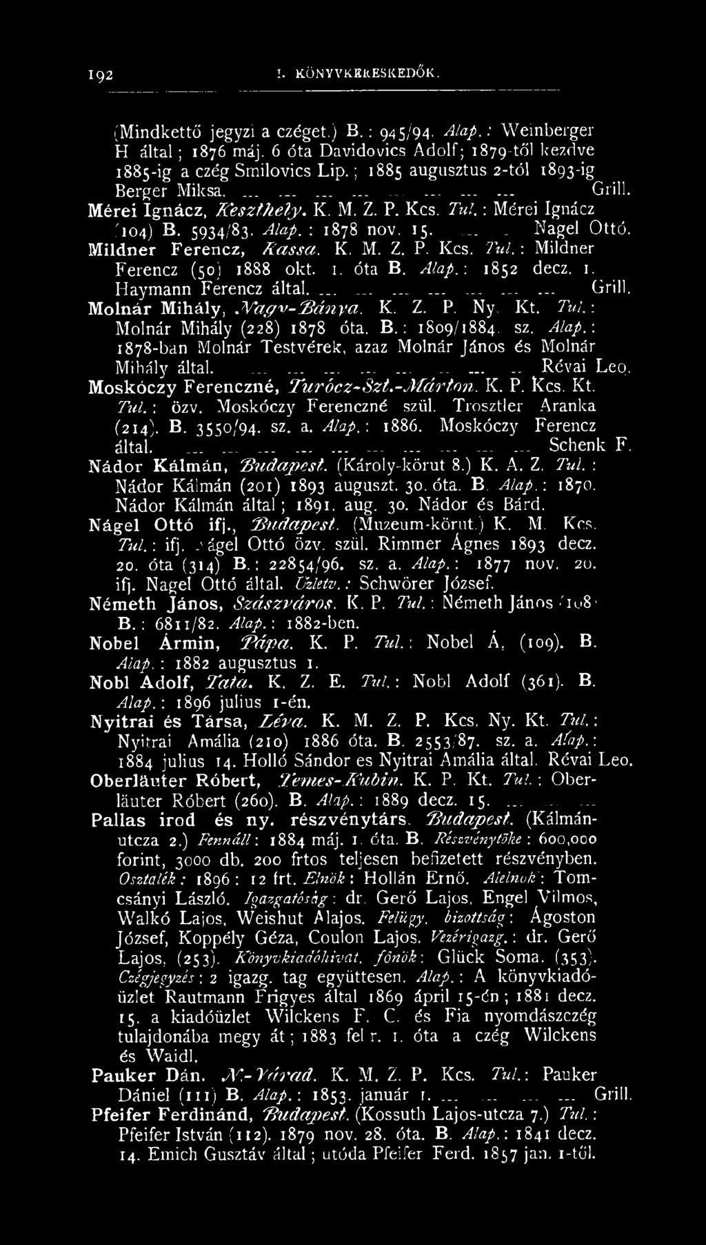Mildner Ferencz, Kassa. K, M. Z. P. Kcs. Túl. : Mildner Ferencz (50) 18S8 okt. 1. óta B. Alap.-. 1852 decz. 1. Haymann Ferencz által...................... Grill. Molnár Mihály,.Y agv-sá-nya. K. Z. P. Ny.