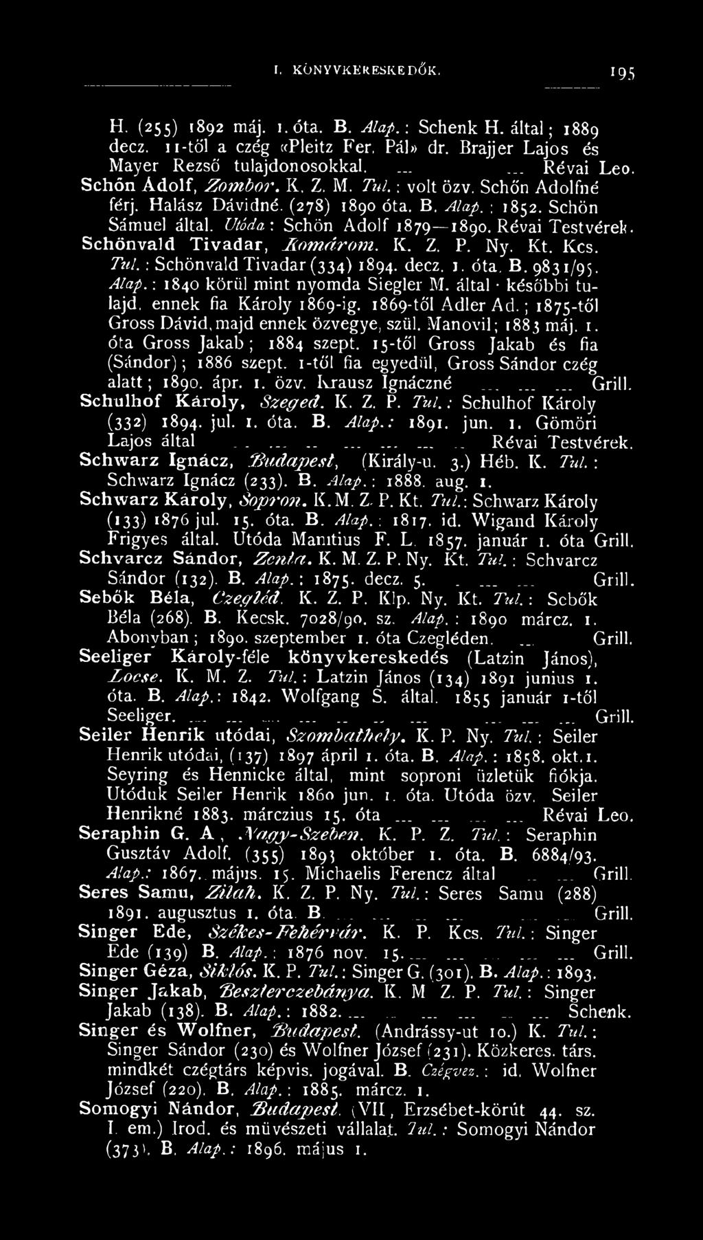 Schönvald Tivadar, Homárom. K. Z. P, Ny. Kt. Kcs. Túl. : Schönvald Tivadar (334) 1894. decz. 1. óta, B. 9831/95. Alap. : 1840 körül mint nyomda Siegler M. által * későbbi tulajd.