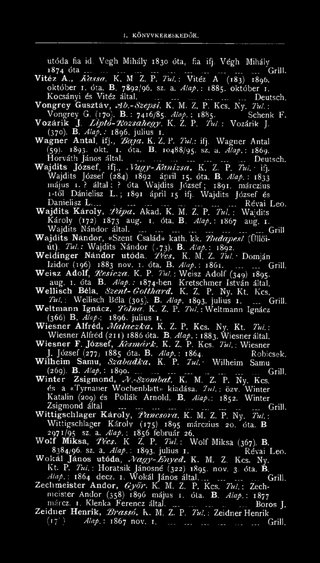 ' Schenk F. Vozárik J. L ip tó-p o zsakegy. K. Z. P. Túl.-. Vozárik J. (370). B. Alap.: 1896. julius 1. Wagner Antal, ifj., 'B aja. K. Z. P. Túl.-, ifj. Wagner Antal (59). 1893. okt. 1. óta.