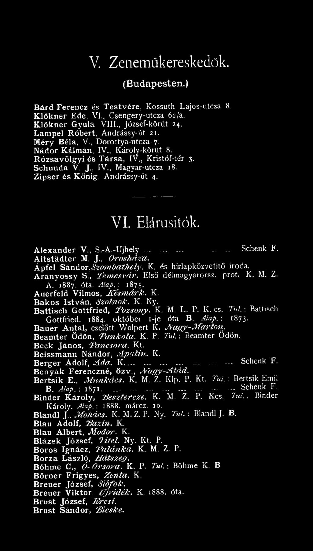 Alexander V., S.-A.-Ujhely.............. Schenk F. Altstádter M. J Orosháza. Ápfel Sándor,Szombathely. K. és hirlapközvetitő iroda. Aranyossy S., Tem esvár. Első délmagyarorsz. prot. K. M. Z. A. 1887.
