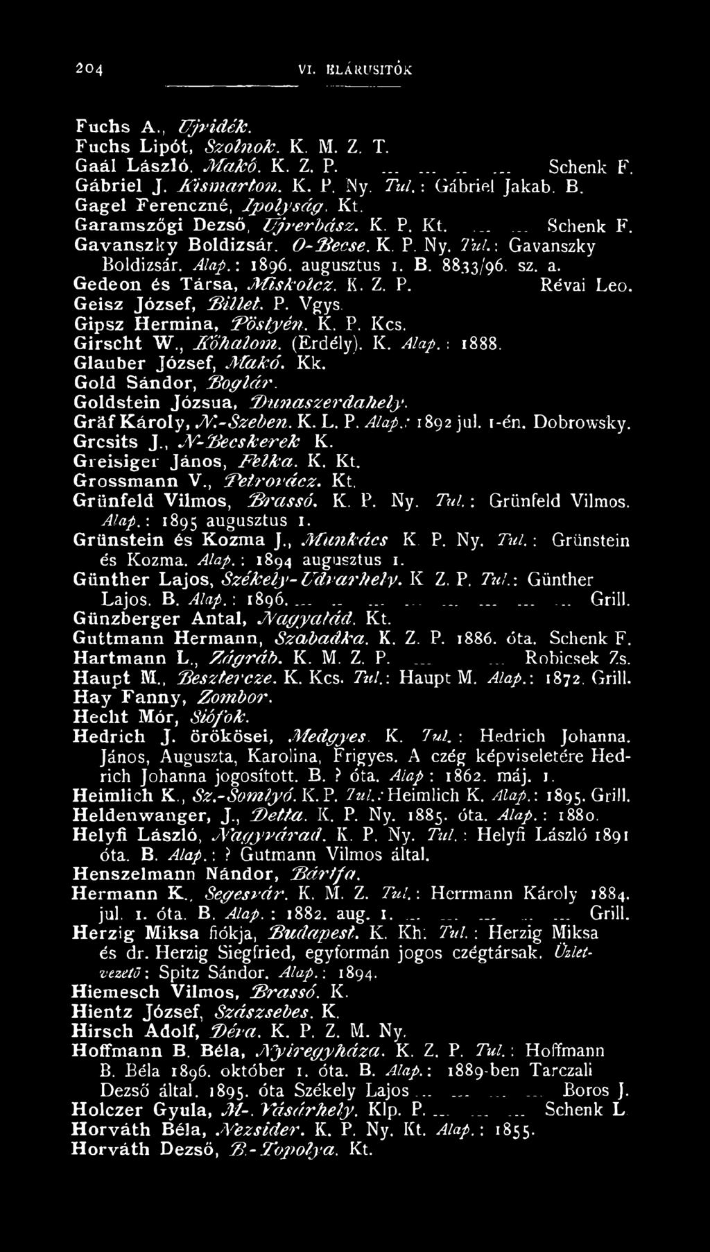 A la p.-. 1896. augusztus 1. B. 8833/96. sz. a. Gedeon és Társa, M i s k o l c z. K. Z. P. Révai Leó. Geisz József, S t í l é t. P. Vgys. Gipsz Hermina, P ö s t y é n. K. P. Kcs. Girscht W., Kőhalom.
