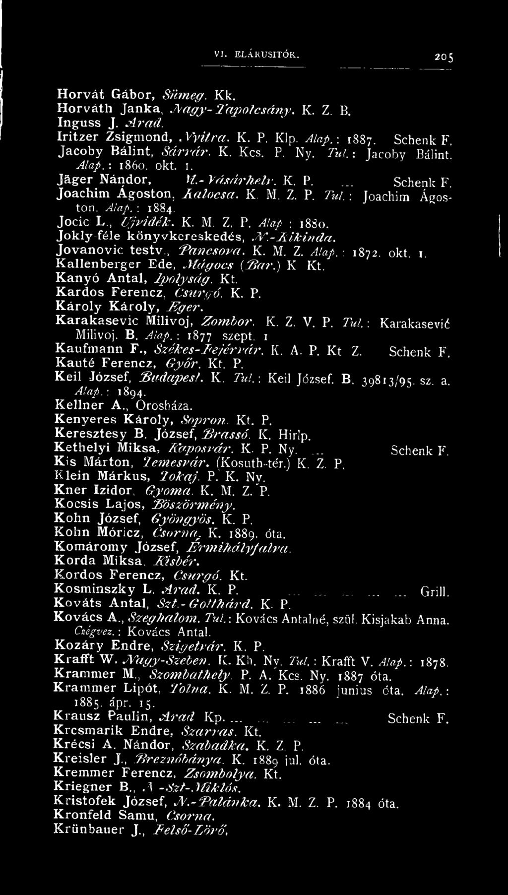 K. M. Z, P. Alap I 18S0. Jokly-féle könyvkereskedés,.b '-B ik itid a. Jovanovic testv., Pancsova. K. M. Z. Alap.-. 1872. okt. 1. Kallenberger Ede, Jíá g o c s (:'Bar.) K Kt. Kanyó Antal, Ipolyság. Kt. Kardos Ferencz, Csurgó, K.