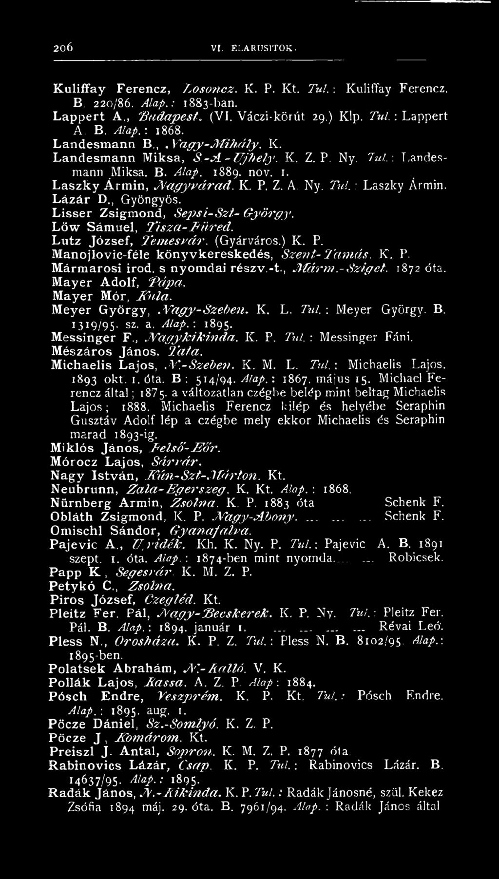 Lázár D., Gyöngyös. Lisser Zsigmond, Sepsi-Szt- György. Löw Sámuel, T i s z a - N ü r e d. Lutz József, Tem esvár. (Gyárváros.) K. P. Manojlovic-féle könyvkereskedés,..szent.-t a m á s. K. P. Mármarosi irod.