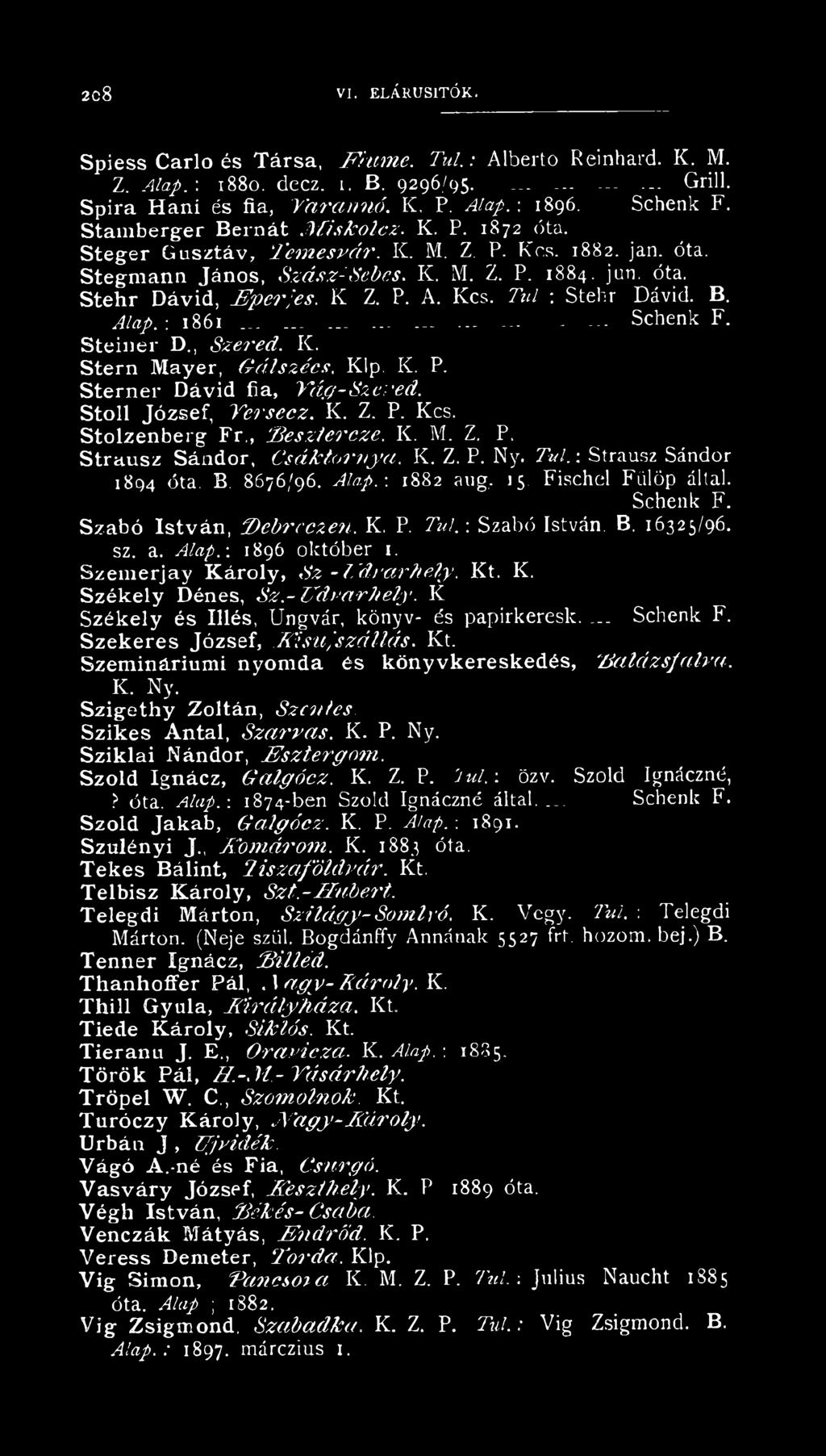 Kcs. Túl : Stehr Dávid. B. Alap.-. 1861..................... -... Schenk F. Sterilül' D., Szered. K. Stern Mayer, Gálszóes, Klp. IC. P. Sterner Dávid fia, Vág-Szered. Stoll József, Tersecz. IC. Z. P. Kcs.