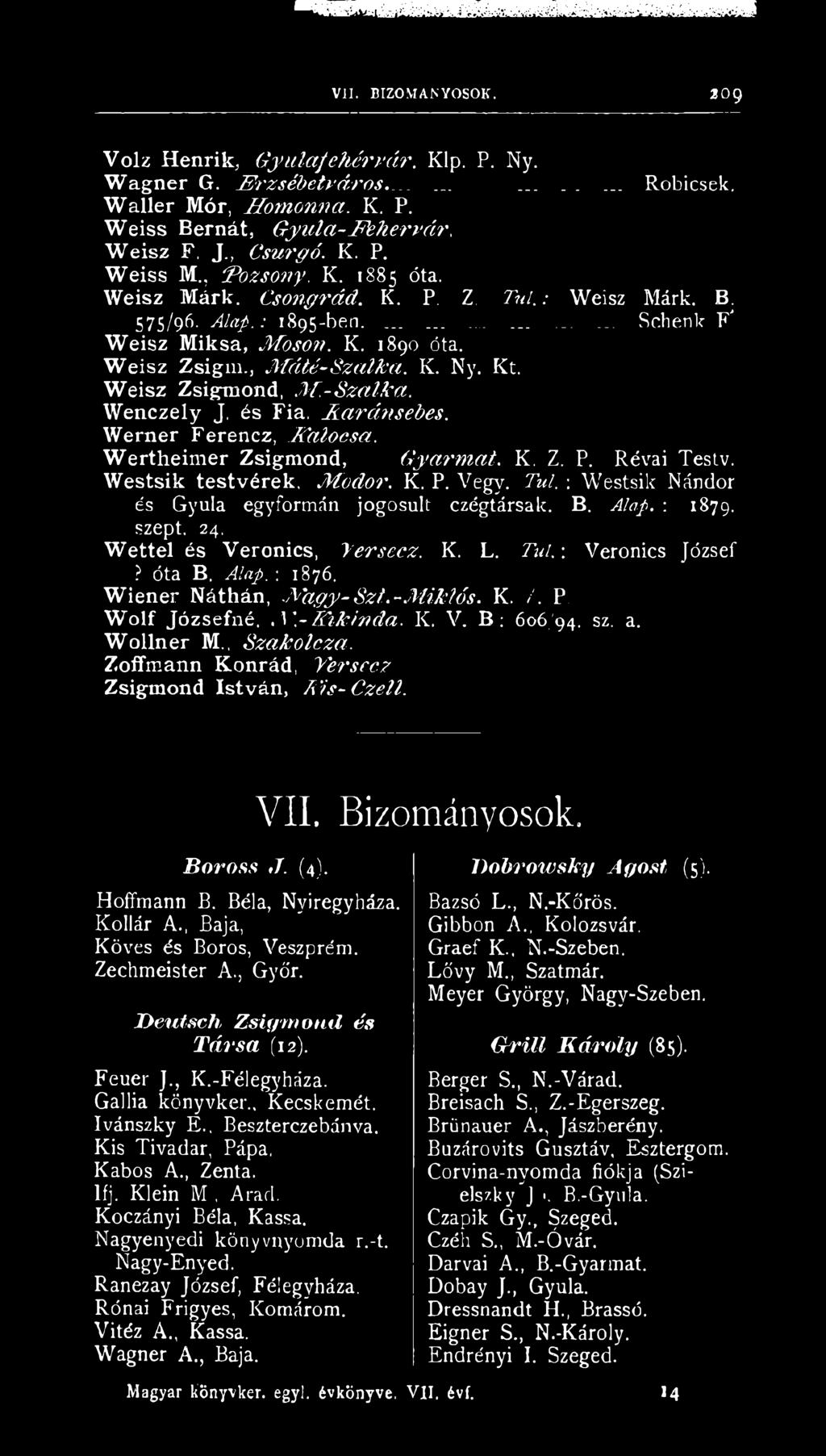 Kt. Weisz Zsigrnond, M.-Szálka. Wenczely J. és Fia, TLaránsebes. Werner Ferencz, Falocsa. Wertheimer Zsigrnond, Gyarm at. K. Z. P. Révai Testv. Westsik testvérek. Modor. K, P. Vegy. Túl.