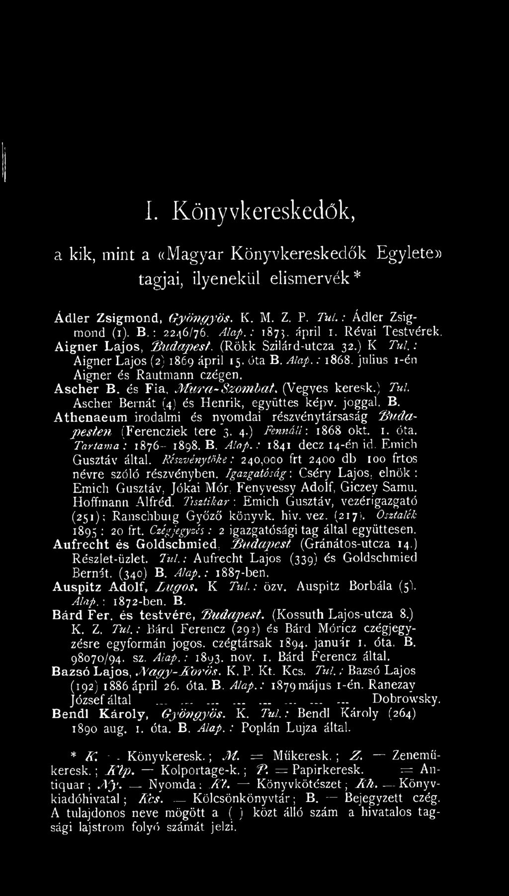 (Vegyes keresk.) Túl. Ascher Bernát (4) és Henrik, együttes képv. joggal. B. Athenaeum irodalmi és nyomdai részvénytársaság "Budapesten (Ferencziek tere 3, 4.) Fennáll: 1868 okt. 1. óta.