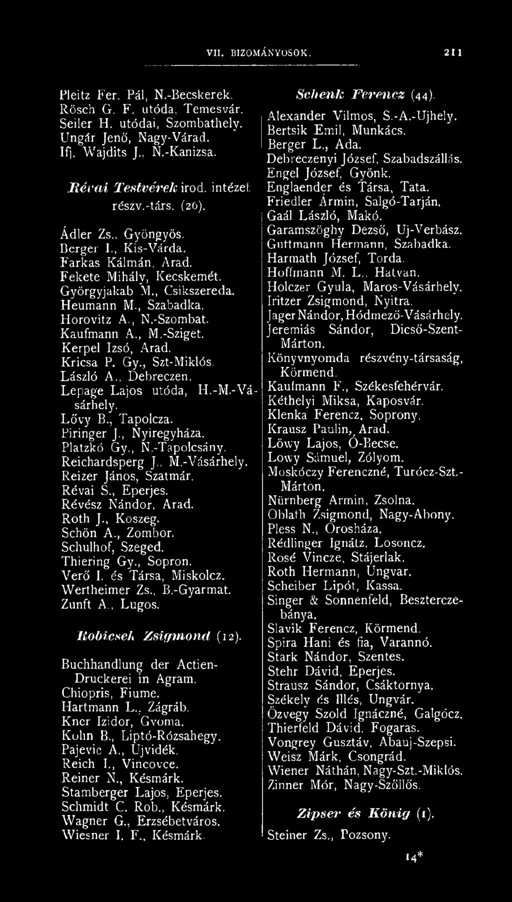 Kaufmann A., M.-Sziget, Kerpel Izsó, Arad. Kricsa P. Gy., Szt-Miklós, László A., Debreczen. Lepage Lajos utóda, H.-M.-Vásárhely. Lővy B., Tapolcza. Pirínger J., Nyíregyháza. Platzkó Gy., N.-Tapolcsány.