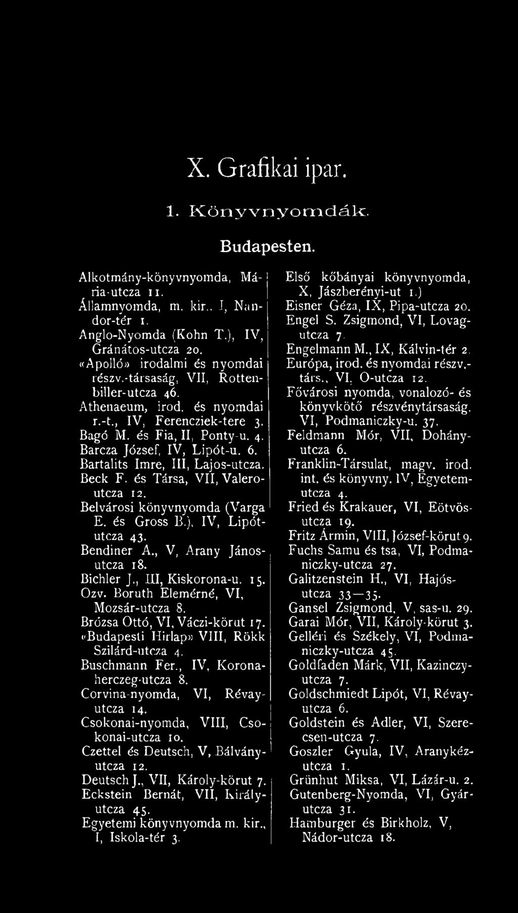 Bartalits Imre, III, Lajos-utcza. Beck F. és Társa, VII, Valeroutcza 12. Belvárosi könyvnyomda (Varga E. és Gross B.), IV, Lipótutcza 43. Bendiner A., V, Arany Jánosit tcza 18. Bichler J.