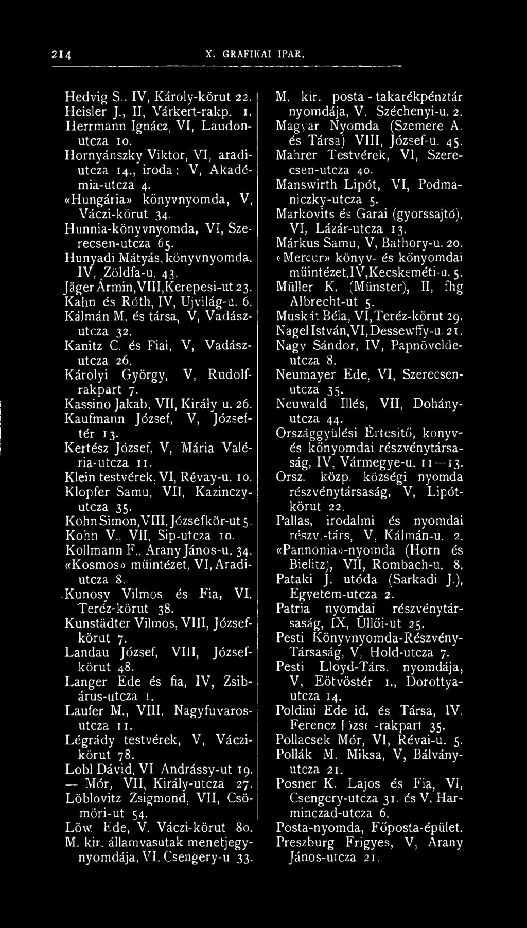 és társa, V, Vadászutcza 32. Kanitz C. és Fiai, V, Vadászutcza 26. Károlyi György, V, Rudolfrakpart 7. Kassino Jakab, VII, Király u. 26. Kaufmann József, V, Józseftér 13.