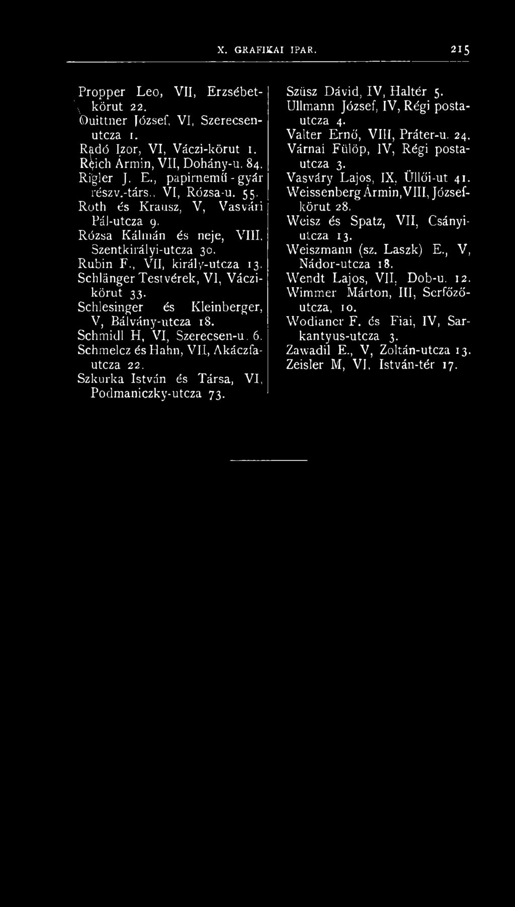 Schlesinger és Kleinberger, V, Bálváhy-utcza 18. Schmidl H, VI, Szerecsen-u. 6. Schmelcz és Hahn, VII, Akáczfautcza 22. Szkurka István és Társa, VI, Podmaniczky-utcza 73. Szüsz Dávid, IV, Haltér 5.
